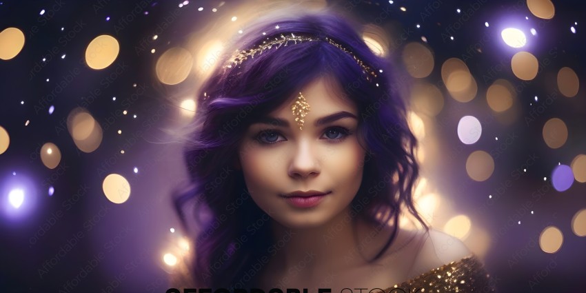 A woman with purple hair and gold jewelry