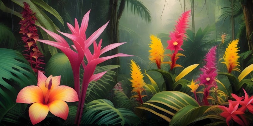 A vibrant painting of tropical plants