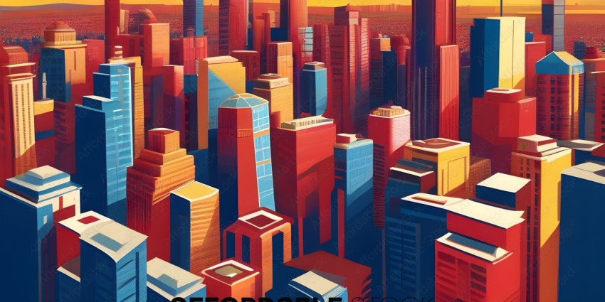 A cityscape with a red skyline