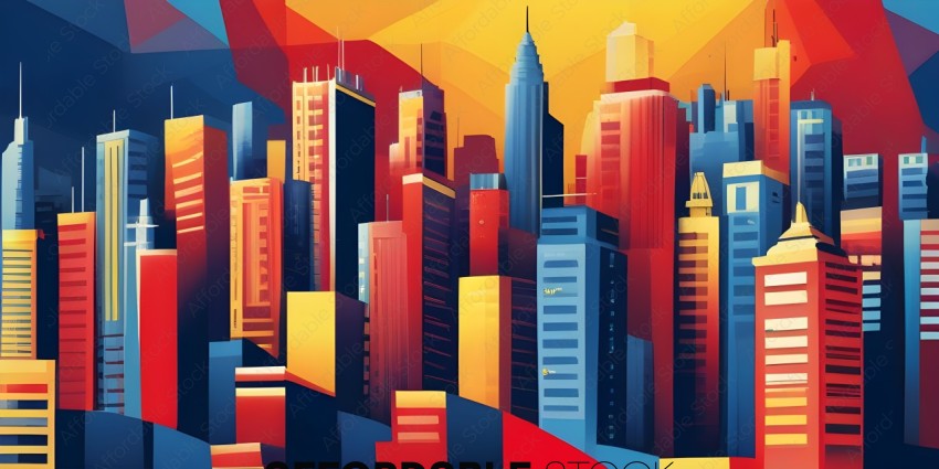 A cityscape with a red and yellow skyline