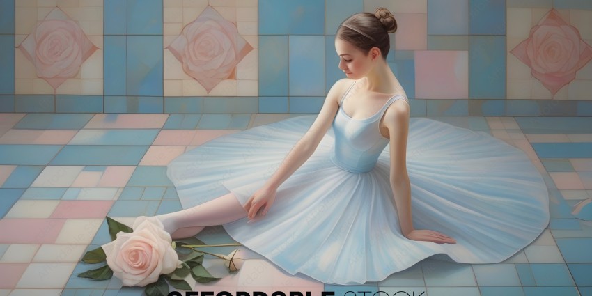 A young ballerina in a white tutu and pink rose leans against a wall