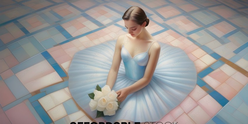 A Ballerina in a Blue Dress with White Roses