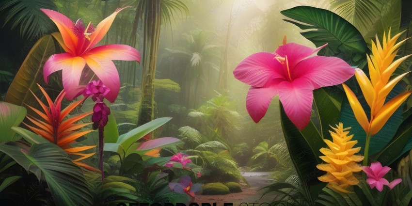 A beautiful tropical forest with pink flowers
