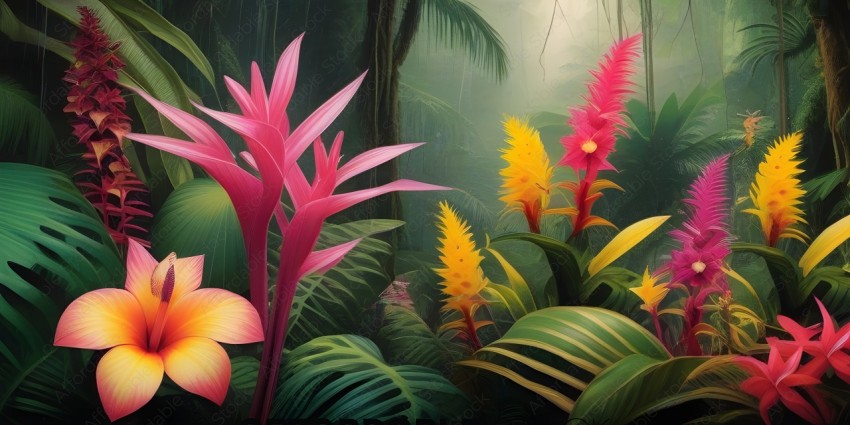 Pink and Yellow Flowers in a Jungle