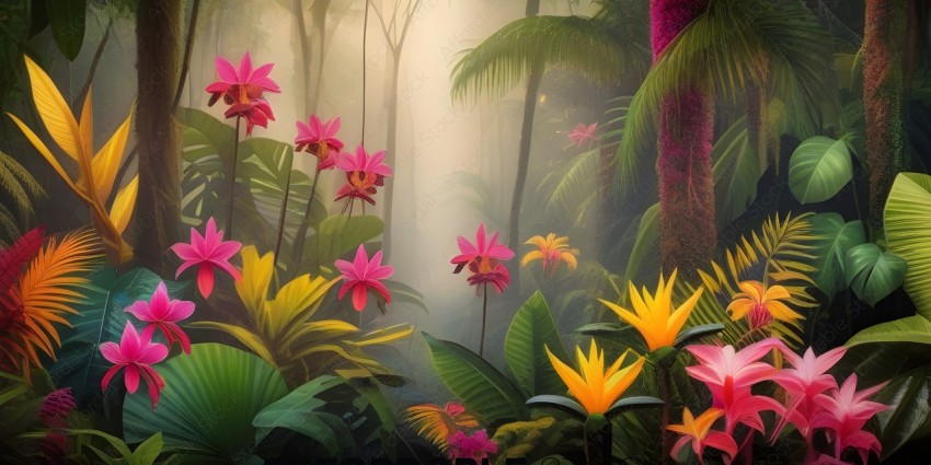 A painting of a tropical forest with flowers