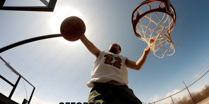 Man in white jersey and green shorts dunks basketball