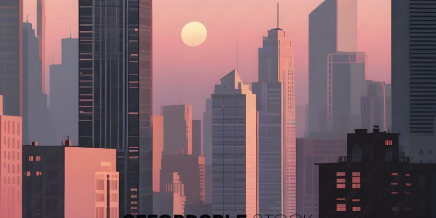 A cityscape with a sunset and a moon