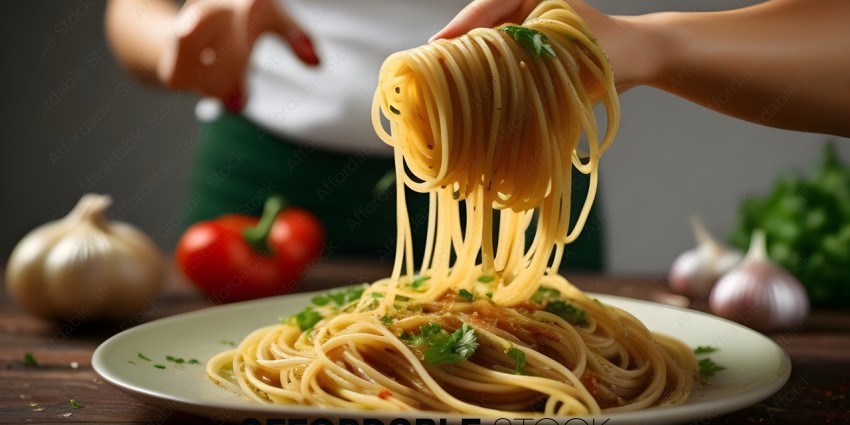 A person is holding a fork full of spaghetti