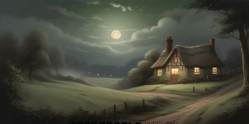 A painting of a house at night with a full moon