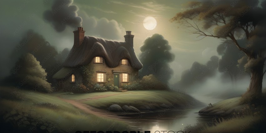 A painting of a house with a full moon in the sky