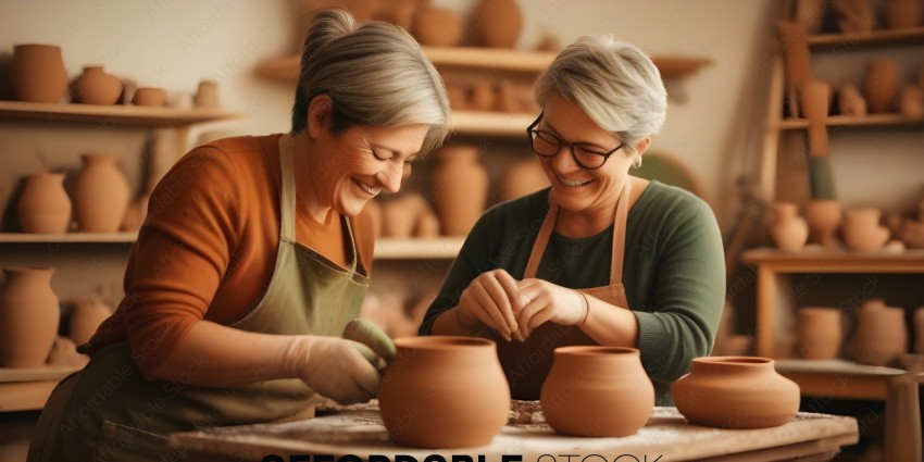 Two women working on pottery