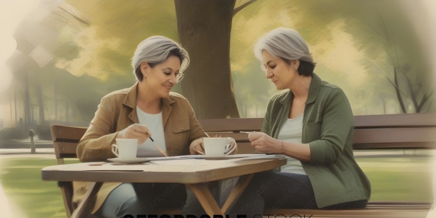 Two women sitting at a table, one writing and the other smiling
