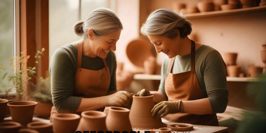 Two women working on pottery