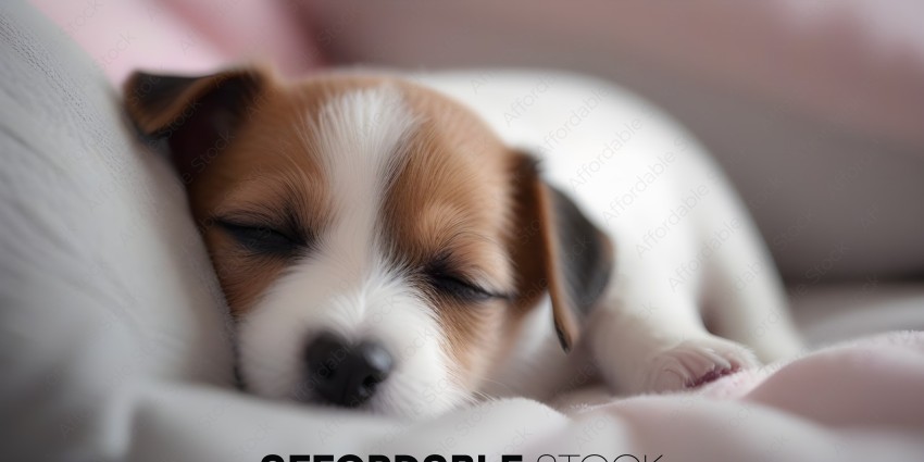 A small brown and white puppy sleeping on a bed