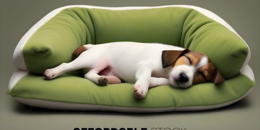 A small white and brown dog sleeping on a green dog bed