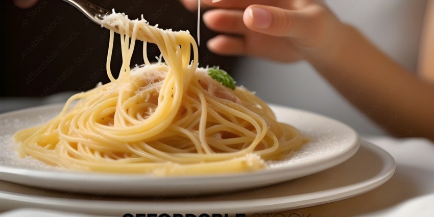 A person is pouring sauce on a plate of spaghetti