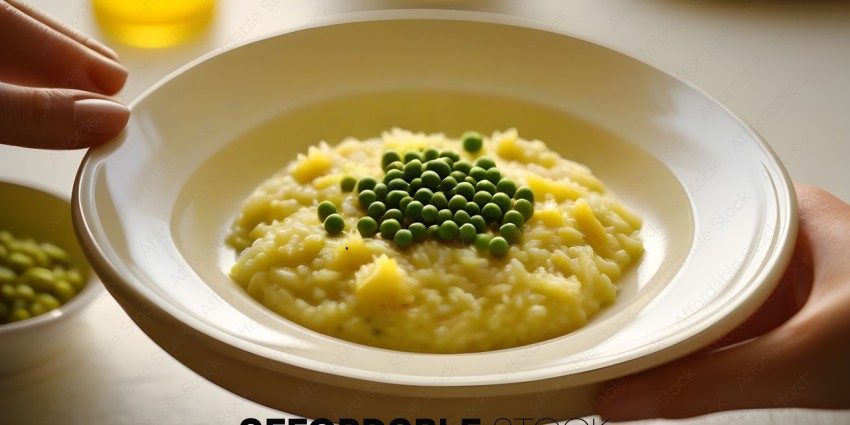 A bowl of rice with peas and a yellow substance