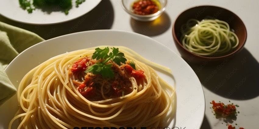 A plate of spaghetti with a garnish of parsley and a side of red pepper flakes