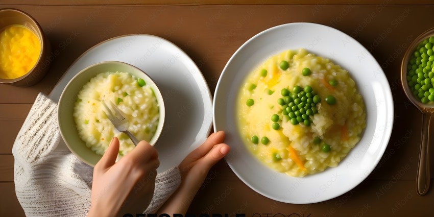 A person is holding a fork and a bowl of soup with peas