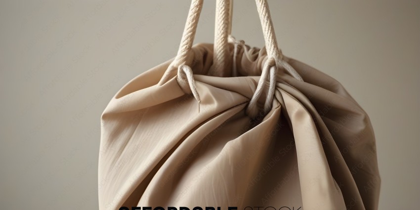 A tan colored bag with a white rope handle