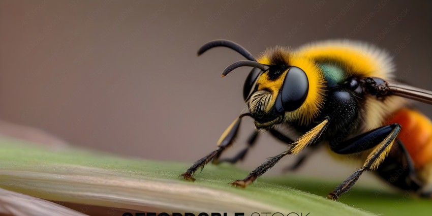 A yellow and black bee on a leaf