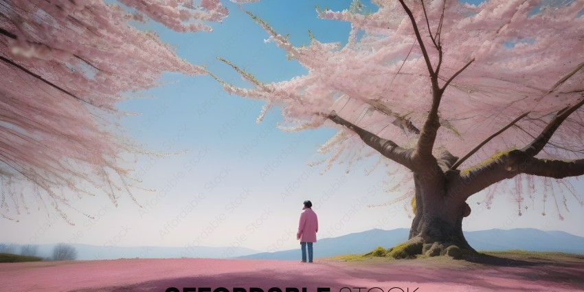 A person standing under a tree with pink flowers