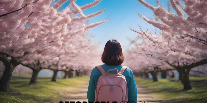 A woman wearing a pink backpack standing in front of a row of cherry blossom trees
