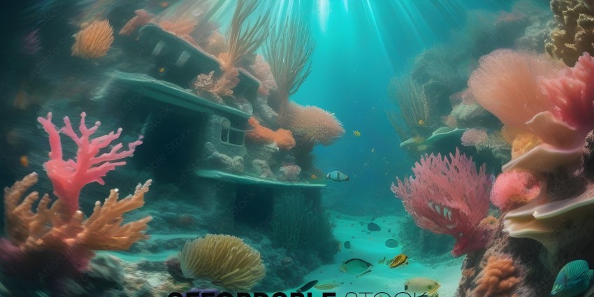 A colorful underwater scene with a house and coral reef