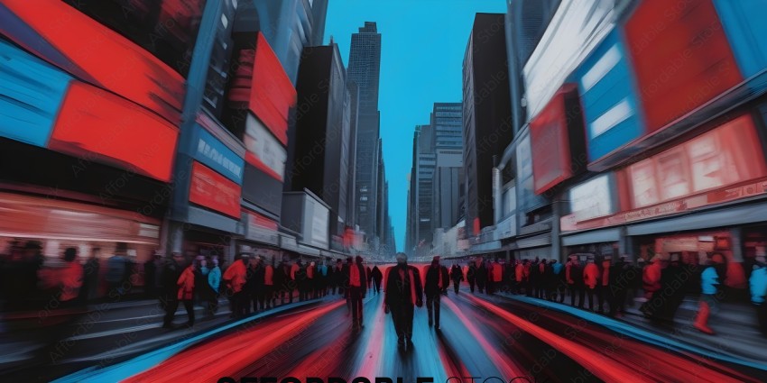 People walking in a city with a red skyline