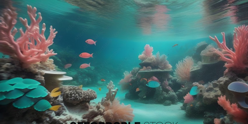 A colorful underwater scene with coral and fish