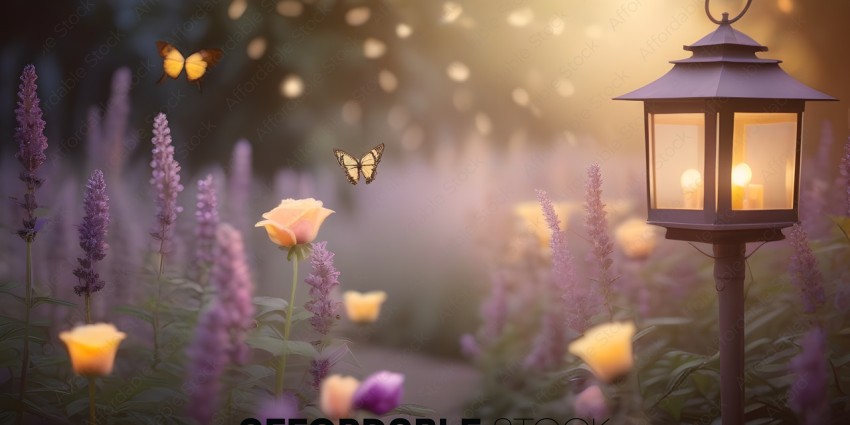 A butterfly flies over a field of flowers