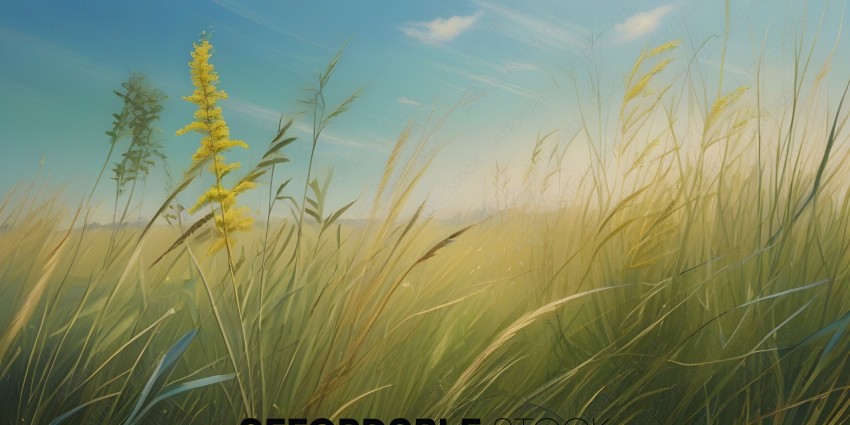 A painting of a field with yellow flowers and tall grass