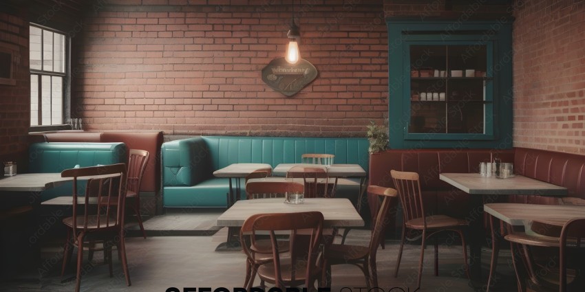 A restaurant with a blue wall and wooden furniture