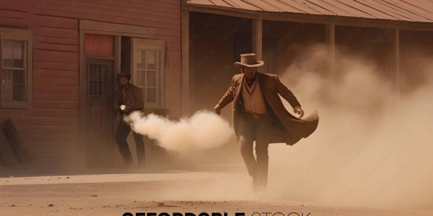 A man in a dusty western town runs through the smoke