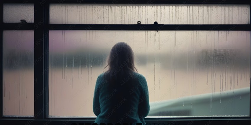 A woman in a blue sweater looking out the window