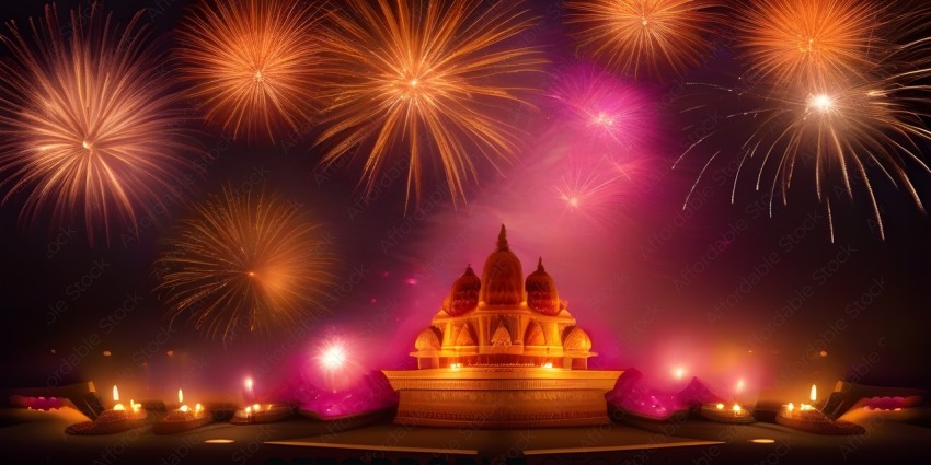 A golden palace with fireworks in the background