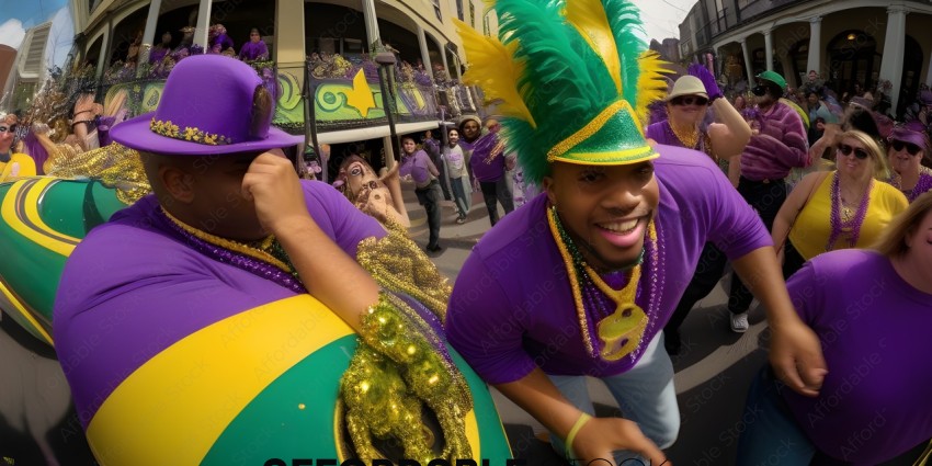 Men in purple and green costumes marching in a parade