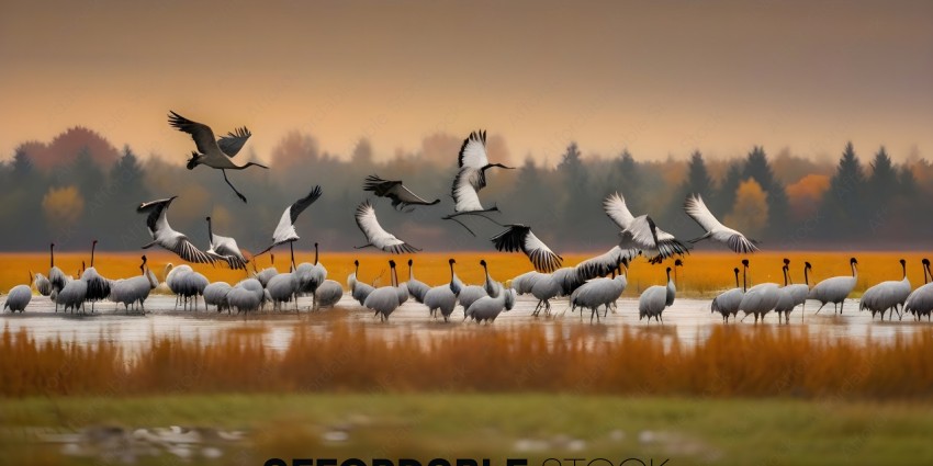 A flock of birds in flight over a body of water