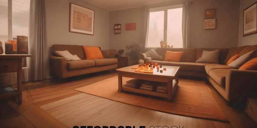 A living room with a table full of carrots