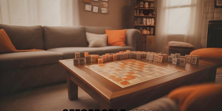 A wooden coffee table with a checkerboard on it