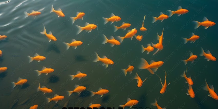 A school of goldfish swimming in a pond