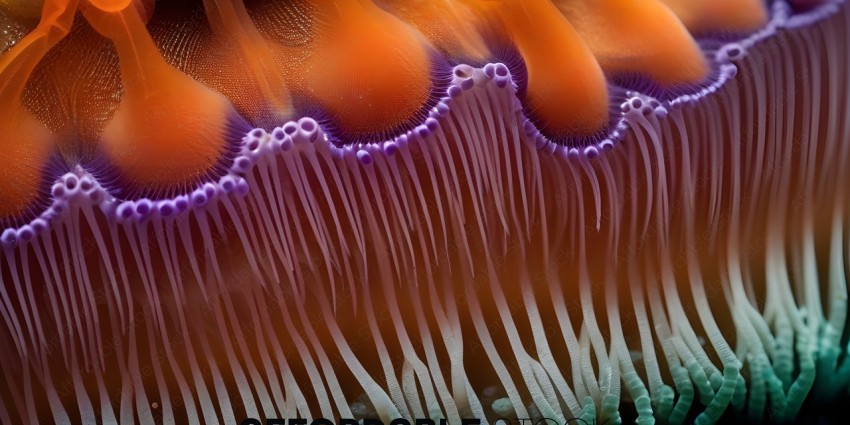 A close up of a sea anemone with purple and orange colors
