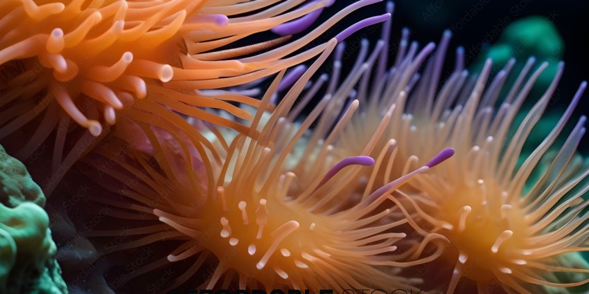 A close up of a sea anemone with purple and orange tentacles