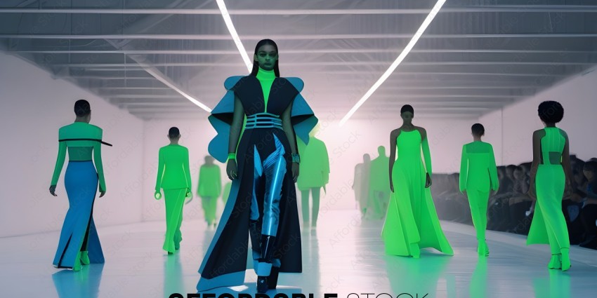 A woman in a futuristic outfit walks down a runway