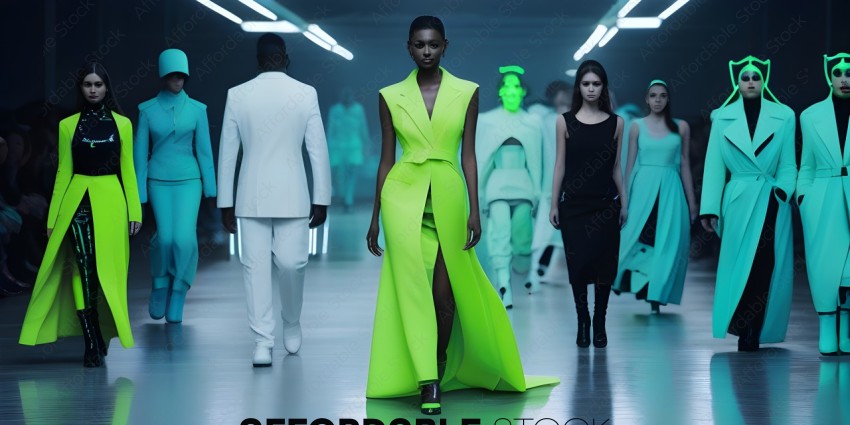 A model wearing a neon green dress walks down a runway