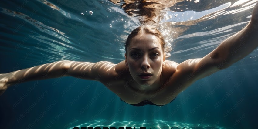 A woman underwater with her eyes open