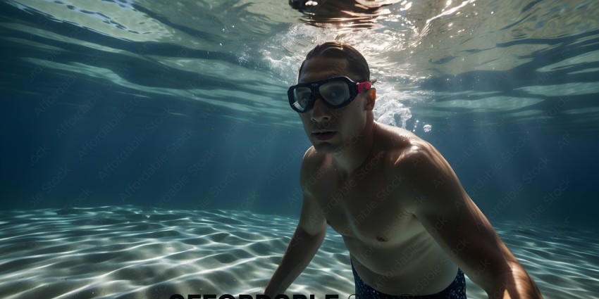 Man in Goggles and Swim Trunks Underwater