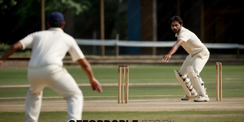 Two men playing cricket on a field