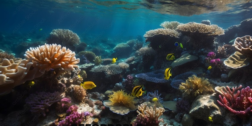 Colorful Coral Reef with Yellow and Blue Fish