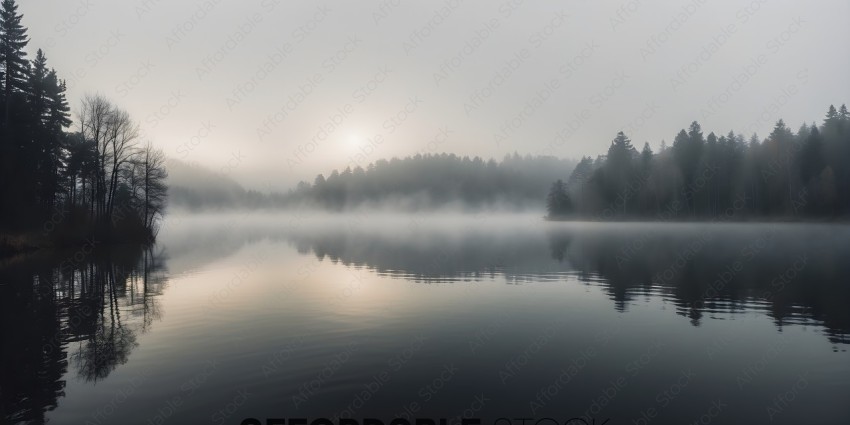 A foggy lake with a sunset in the background